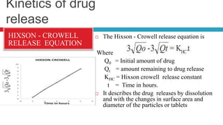 Kinetics of drug
release
HIXSON - CROWELL
RELEASE EQUATION
 The Hixson - Crowell release equation is
Where
Q0 = Initial amount of drug
Qt = amount remaining to drug release
KHC = Hixson crowell release constant
t = Time in hours.
 It describes the drug releases by dissolution
and with the changes in surface area and
diameter of the particles or tablets
 