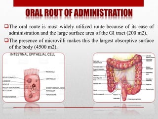 ORAL ROUT OF ADMINISTRATION
The oral route is most widely utilized route because of its ease of
administration and the large surface area of the GI tract (200 m2).
The presence of microvilli makes this the largest absorptive surface
of the body (4500 m2).
 