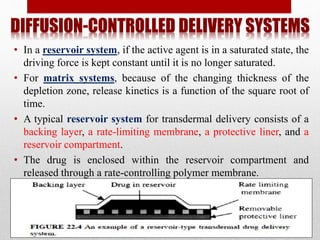 DIFFUSION-CONTROLLED DELIVERY SYSTEMS
• In a reservoir system, if the active agent is in a saturated state, the
driving force is kept constant until it is no longer saturated.
• For matrix systems, because of the changing thickness of the
depletion zone, release kinetics is a function of the square root of
time.
• A typical reservoir system for transdermal delivery consists of a
backing layer, a rate-limiting membrane, a protective liner, and a
reservoir compartment.
• The drug is enclosed within the reservoir compartment and
released through a rate-controlling polymer membrane.
 