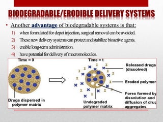 BIODEGRADABLE/ERODIBLE DELIVERY SYSTEMS
• Another advantage of biodegradable systems is that:
1) whenformulatedfordepotinjection,surgicalremovalcanbeavoided.
2) Thesenewdeliverysystemscanprotectandstabilizebioactiveagents.
3) enablelong-termadministration.
4) havepotentialfordeliveryofmacromolecules.
 