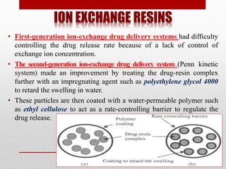 ION EXCHANGE RESINS
• First-generation ion-exchange drug delivery systems had difficulty
controlling the drug release rate because of a lack of control of
exchange ion concentration.
• The second-generation ion-exchange drug delivery system (Penn kinetic
system) made an improvement by treating the drug-resin complex
further with an impregnating agent such as polyethylene glycol 4000
to retard the swelling in water.
• These particles are then coated with a water-permeable polymer such
as ethyl cellulose to act as a rate-controlling barrier to regulate the
drug release.
 