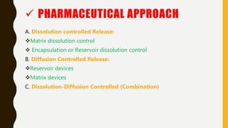  PHARMACEUTICAL APPROACH
A. Dissolution controlled Release:
Matrix dissolution control
 Encapsulation or Reservoir dissolution control
B. Diffusion Controlled Release:
Reservoir devices
Matrix devices
C. Dissolution-Diffusion Controlled (Combination)
 