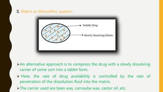 II. Matrix or Monolithic system:-
An alternative approach is to compress the drug with a slowly dissolving
carrier of some sort into a tablet form.
 Here, the rate of drug availability is controlled by the rate of
penetration of the dissolution fluid into the matrix.
The carrier used are bees wax, carnauba wax, castor oil ,etc.
 