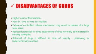  DISADVANTAGES OF CRDDS
Higher cost of formulation .
Poor in -vivo in-vitro co-relation.
Failure of controlled release mechanism may result in release of a large
toxic dose.
Reduced potential for drug adjustment of drug normally administered in
varying strengths.
Retrieval of drug is difficult in case of toxicity , poisoning or
hypersensitivity reaction.
 