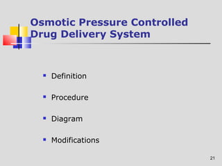 21 
Osmotic Pressure Controlled 
Drug Delivery System 
 Definition 
 Procedure 
 Diagram 
 Modifications 
 