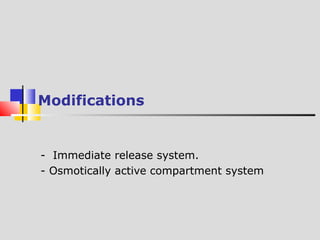 Modifications 
- Immediate release system. 
- Osmotically active compartment system 
 