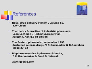 36 
References 
 Novel drug delivery system , volume 50, 
Y.W.Chien 
 The theory & practice of industrial pharmacy, 
Leon Lachman , Herbert A.Lieberman, 
Joseph L.Kanig,3 rd edition. 
 The Eastern pharmacist, november 1993. 
Sustained release drugs, V R.Gudsoorkar & D.Rambhau 
page 27-32 
 Biopharmaceuitics & pharmacokinetics, 
D M.Brahmankar & Sunil B. Jaiswal. 
www.google.com 
 