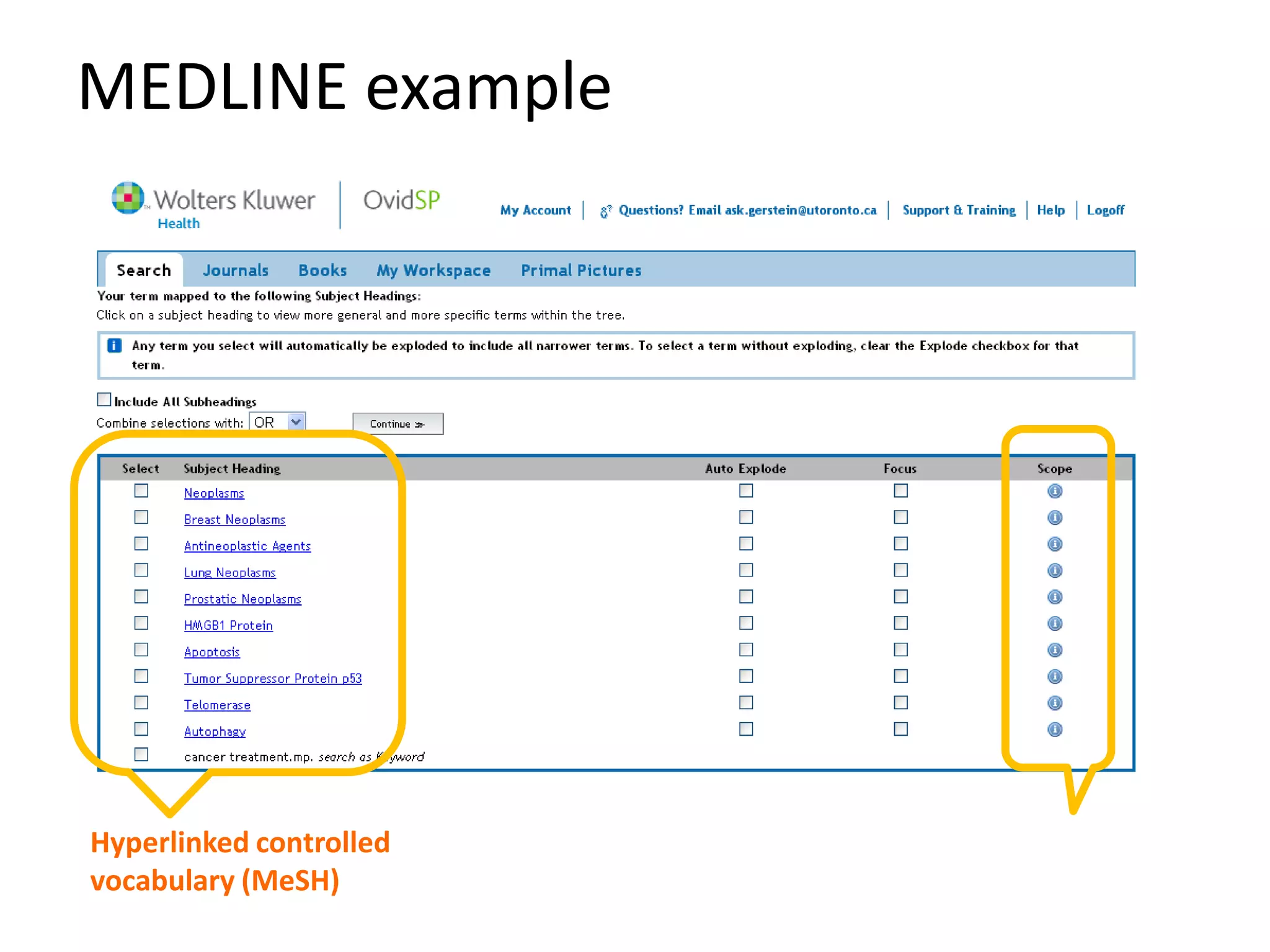 MEDLINE example
Hyperlinked controlled
Scope
vocabulary (MeSH)