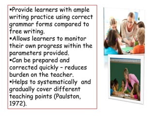 Provide learners with ample
writing practice using correct
grammar forms compared to
free writing.
Allows learners to monitor
their own progress within the
parameters provided.
Can be prepared and
corrected quickly – reduces
burden on the teacher.
Helps to systematically and
gradually cover different
teaching points (Paulston,
1972).
 