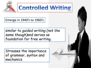 similar to guided writing (not the
same though)and serves as
foundation for free writing.
Stresses the importance
of grammar, syntax and
mechanics
Emerge in 1940’s to 1960’s
 