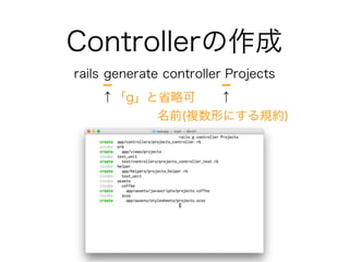 Controllerの作成
↑「g」と省略可 ↑
名前(複数形にする規約)
rails generate controller Projects
 
