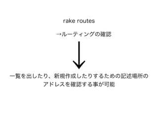 rake routes
→ルーティングの確認
一覧を出したり、新規作成したりするための記述場所の
アドレスを確認する事が可能
↓
 