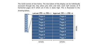 The GLCD consist of tow halves. The two halves of the display can be individually
accessed through the chip select pins (CS1 and CS2). Each half consists of 8
horizontal pages (0-7) which are 8 bits (1 byte) high. This is illustrated in the
drawing below.
 