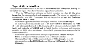 Types of Microcontrollers:
Microcontrollers can be classified on the basis of internal bus width, architecture, memory and
instruction set. Figure below shows the various types of microcontrollers.
- When the ALU performs arithmetic and logical operations on a byte (8- bits) at an
instruction, the microcontroller is an 8-bit microcontroller. The internal bus width of 8-bit
microcontroller is of 8-bit. Examples of 8-bit microcontrollers are Intel 8051 family and
Motorola MC68HC11 family.
- When the ALU performs arithmetic and logical operations on a word (16-bits) at
an instruction, the microcontroller is an 16-bit microcontroller. The internal bus width
of 16-bit microcontroller is of 16-bit. Examples of 16-bit microcontroller are Intel 8096
family and Motorola MC68HC12 and MC68332 families. performance and computing
capability of 16 bit microcontrollers are enhanced with greater precision as compared to the
8-bit microcontrollers.
- When the ALU performs arithmetic and logical operations on a double word (32-
bits) at an instruction, the microcontroller is an 32-bit microcontroller.
The internal bus width of 32-bit microcontroller is of 32-bit. Examples of 32-bit
microcontrollers are Intel 80960 family and Motorola M683xx and Intel/Atmel
251 family.
 