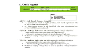 ADCON1 Register
ADFM - A/D Result Format Select bit
• 1 - Conversion result is right justified. Six most significant bits
of the ADRESH are not used.
• 0 - Conversion result is left justified. Six least significant bits
of the ADRESL are not used.
VCFG1 - Voltage Reference bit selects negative voltage reference
source needed for the operation of A/D converter.
• 1 - Negative voltage reference is applied to the Vref- pin.
• 0 - Power supply voltage Vss is used as negative voltage reference
source.
VCFG0 - Voltage Reference bit selects positive voltage reference
source needed for the operation of A/D converter.
• 1 - Positive voltage reference is applied to the Vref+ pin.
• 0 - Power supply voltage Vdd is used as positive voltage reference
source.
 