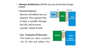 • Memory Architecture: All MCs use one of two basic design
models
- Harvard Architecture:
data bus and address bus are
separate. Thus a greater flow
of data is possible through
the CPU, and of course,
a greater speed of work.
- Von –Neumann (Princeton):
This model use share a common
bus for data and address bus.
 
