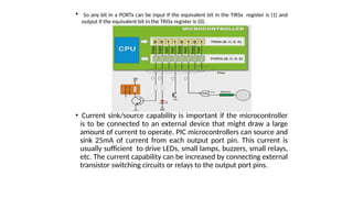 • So any bit in a PORTx can be input if the equivalent bit in the TIRSx register is (1) and
output if the equivalent bit in the TRISx register is (0).
• Current sink/source capability is important if the microcontroller
is to be connected to an external device that might draw a large
amount of current to operate. PIC microcontrollers can source and
sink 25mA of current from each output port pin. This current is
usually sufficient to drive LEDs, small lamps, buzzers, small relays,
etc. The current capability can be increased by connecting external
transistor switching circuits or relays to the output port pins.
 