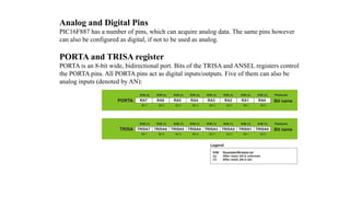Analog and Digital Pins
PIC16F887 has a number of pins, which can acquire analog data. The same pins however
can also be configured as digital, if not to be used as analog.
PORTA and TRISA register
PORTA is an 8-bit wide, bidirectional port. Bits of the TRISA and ANSEL registers control
the PORTA pins. All PORTA pins act as digital inputs/outputs. Five of them can also be
analog inputs (denoted by AN):
 