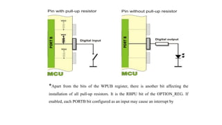 *Apart from the bits of the WPUB register, there is another bit affecting the
installation of all pull-up resistors. It is the RBPU bit of the OPTION_REG. If
enabled, each PORTB bit configured as an input may cause an interrupt by
 