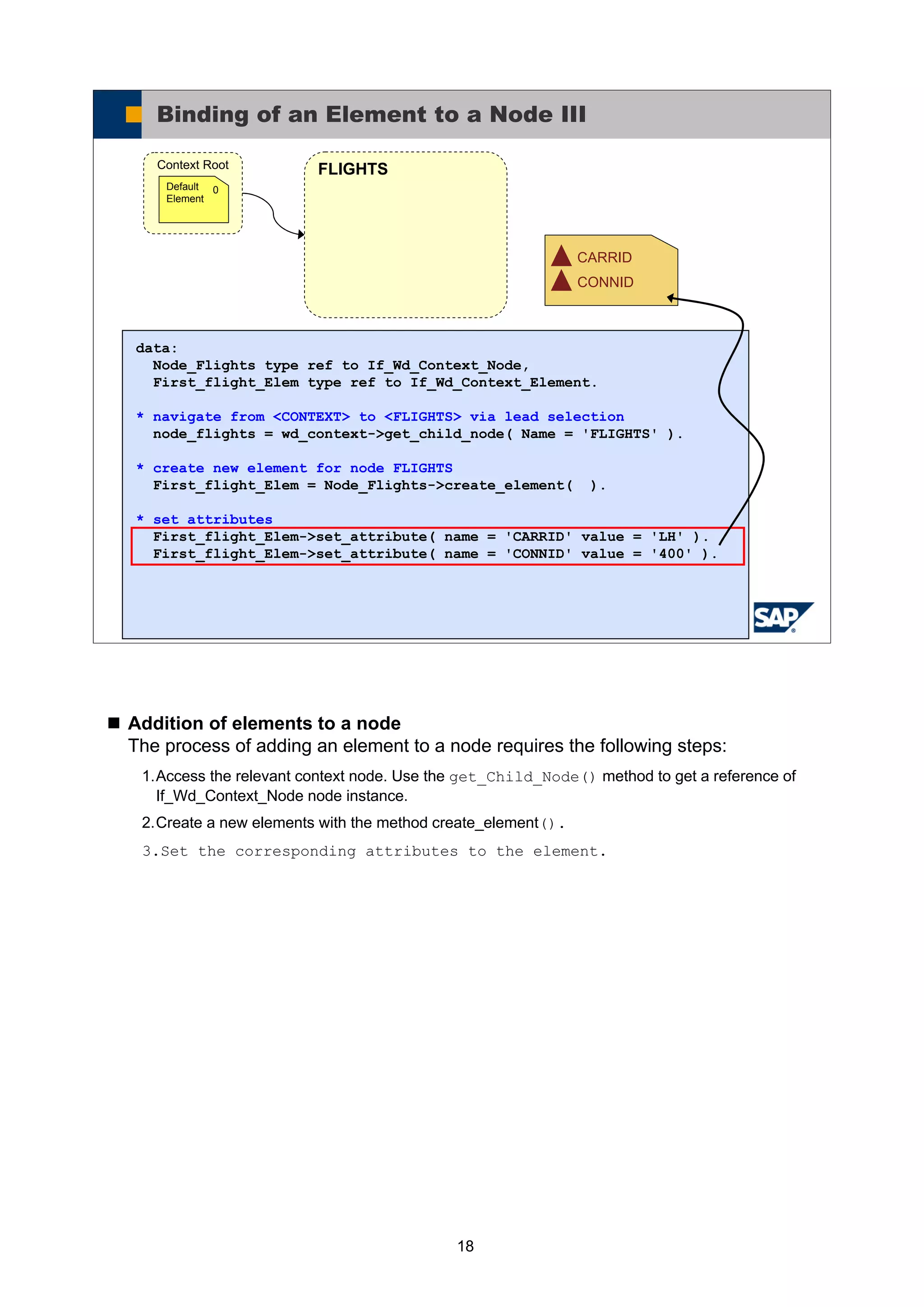 18
Addition of elements to a node
The process of adding an element to a node requires the following steps:
1.Access the relevant context node. Use the get_Child_Node() method to get a reference of
If_Wd_Context_Node node instance.
2.Create a new elements with the method create_element().
3.Set the corresponding attributes to the element.
© SAP AG 2005, ABAP Web Dynpro
Binding of an Element to a Node III
FLIGHTSContext Root
0Default
Element
CARRID
CONNID
data:
Node_Flights type ref to If_Wd_Context_Node,
First_flight_Elem type ref to If_Wd_Context_Element.
* navigate from <CONTEXT> to <FLIGHTS> via lead selection
node_flights = wd_context->get_child_node( Name = 'FLIGHTS' ).
* create new element for node FLIGHTS
First_flight_Elem = Node_Flights->create_element( ).
* set attributes
First_flight_Elem->set_attribute( name = 'CARRID' value = 'LH' ).
First_flight_Elem->set_attribute( name = 'CONNID' value = '400' ).
 