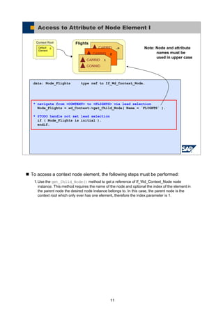 11
To access a context node element, the following steps must be performed:
1.Use the get_Child_Node() method to get a reference of If_Wd_Context_Node node
instance. This method requires the name of the node and optional the index of the element in
the parent node the desired node instance belongs to. In this case, the parent node is the
context root which only ever has one element, therefore the index parameter is 1.
© SAP AG 2005, ABAP Web Dynpro
Access to Attribute of Node Element I
Flights
..nCARRID
CONNID2CARRID
CONNID1CARRID
CONNID
Context Root
0Default
Element
data: Node_Flights type ref to If_Wd_Context_Node.
* navigate from <CONTEXT> to <FLIGHTS> via lead selection
Node_Flights = wd_Context->get_Child_Node( Name = `FLIGHTS` ).
* @TODO handle not set lead selection
if ( Node_Flights is initial ).
endif.
Note: Node and attribute
names must be
used in upper case
 