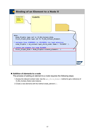 17
Addition of elements to a node
The process of adding an element to a node requires the following steps:
1.Access the relevant context node. Use the get_Child_Node() method to get a reference of
If_Wd_Context_Node node instance.
2.Create a new elements with the method create_element().
© SAP AG 2005, ABAP Web Dynpro
Binding of an Element to a Node II
FLIGHTSContext Root
0Default
Element
data:
Node_Flights type ref to If_Wd_Context_Node,
First_flight_Elem type ref to If_Wd_Context_Element.
* navigate from <CONTEXT> to <FLIGHTS> via lead selection
node_flights = wd_context->get_child_node( Name = 'FLIGHTS' ).
* create new element for node FLIGHTS
First_flight_Elem = Node_Flights->create_element( ).
 