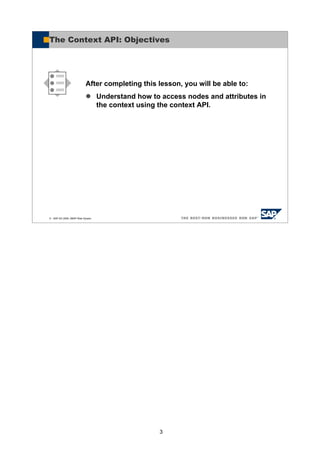 3
© SAP AG 2005, ABAP Web Dynpro
After completing this lesson, you will be able to:
Understand how to access nodes and attributes in
the context using the context API.
The Context API: Objectives
 