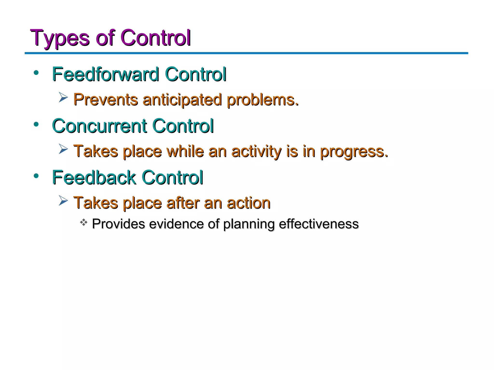 Types of Control
• Feedforward Control
   Prevents anticipated problems.
• Concurrent Control
   Takes place while an activity is in progress.
• Feedback Control
   Takes place after an action
        Provides evidence of planning effectiveness
 