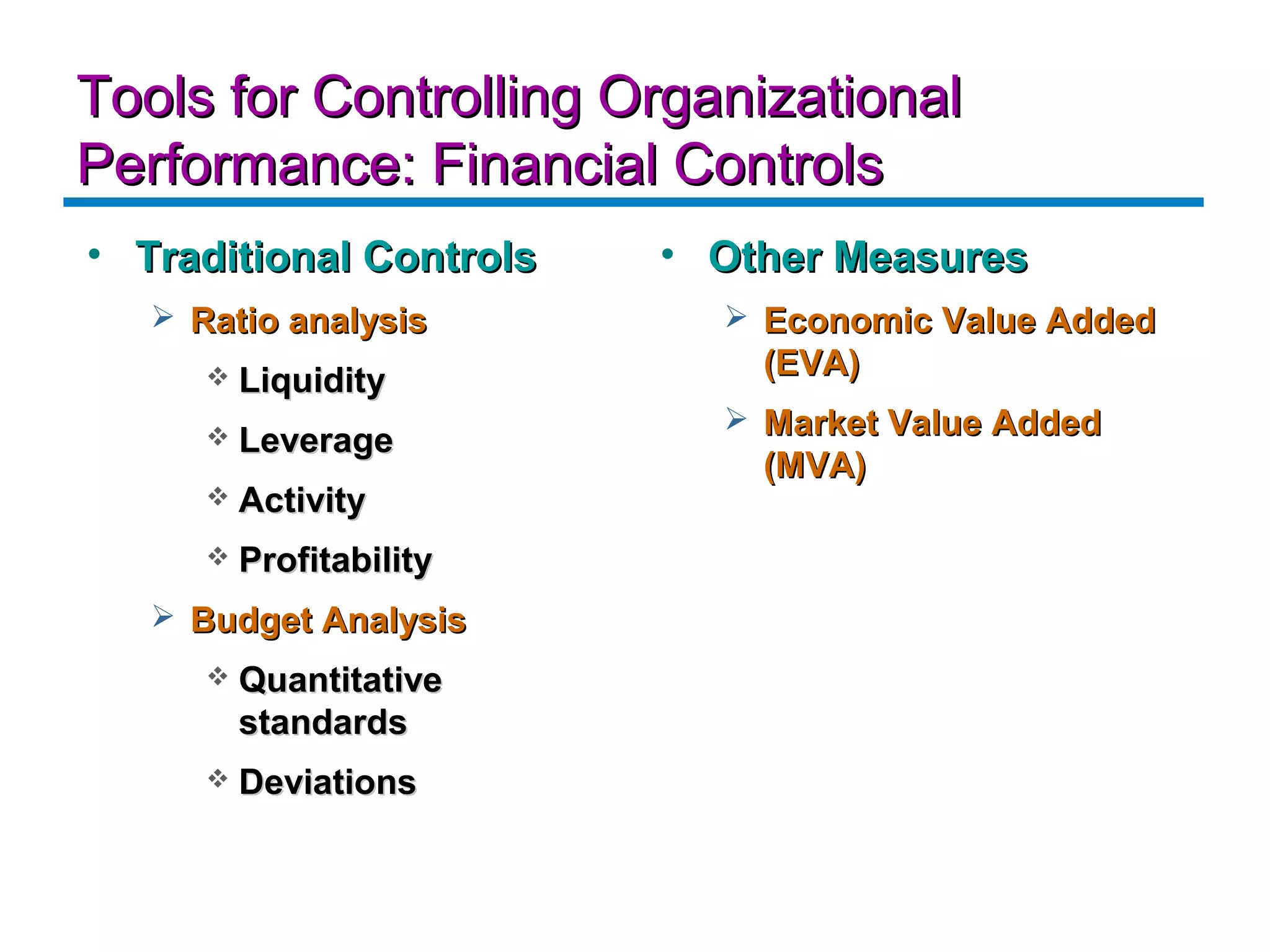 Tools for Controlling Organizational
Performance: Financial Controls
• Traditional Controls    • Other Measures
    Ratio analysis          Economic Value Added
                              (EVA)
         Liquidity
                             Market Value Added
         Leverage
                              (MVA)
         Activity
         Profitability
    Budget Analysis
         Quantitative
          standards
         Deviations
 
