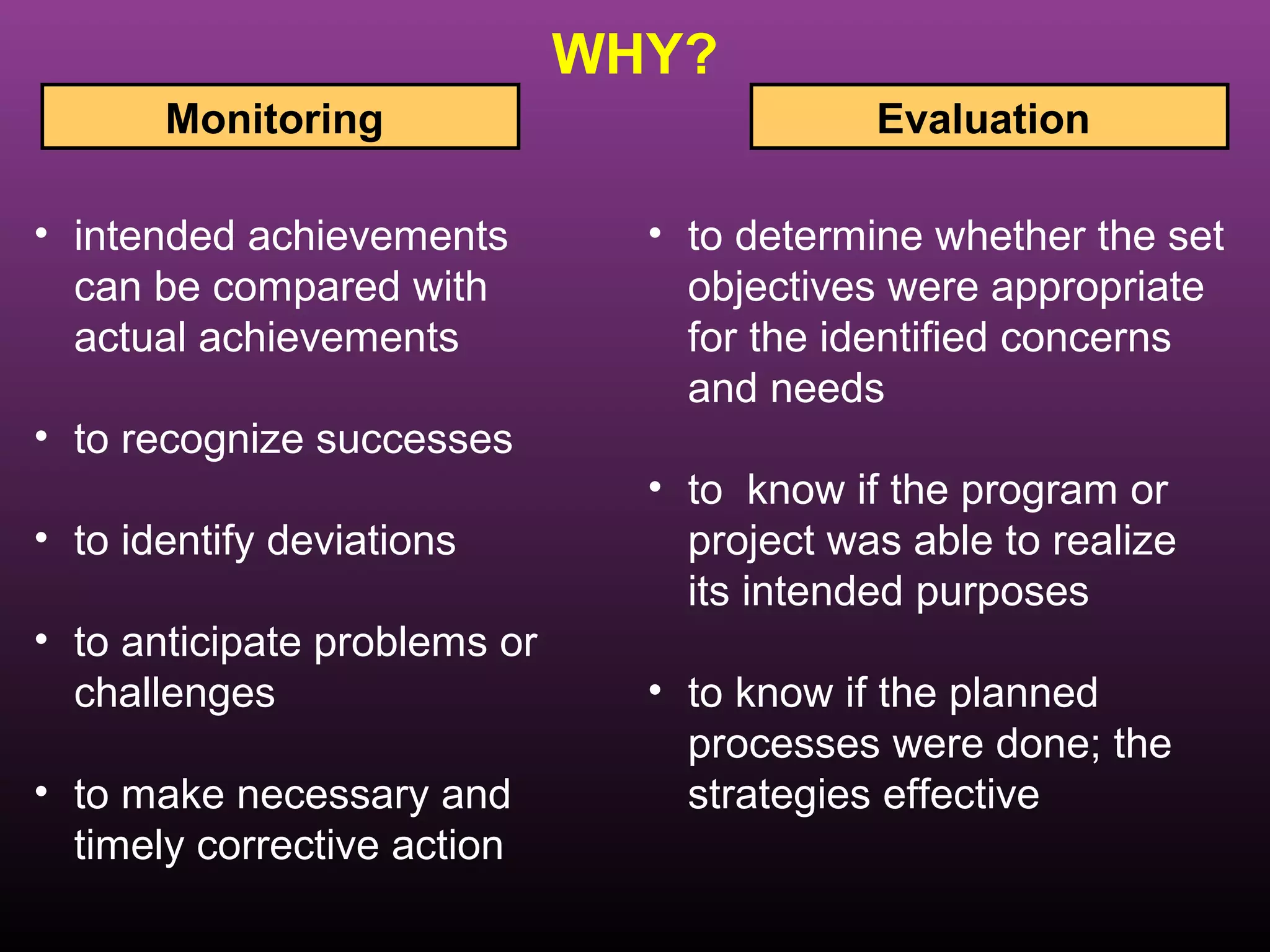 WHY?
       Monitoring                           Evaluation

• intended achievements         • to determine whether the set
  can be compared with            objectives were appropriate
  actual achievements             for the identified concerns
                                  and needs
• to recognize successes
                                • to know if the program or
• to identify deviations          project was able to realize
                                  its intended purposes
• to anticipate problems or
  challenges                    • to know if the planned
                                  processes were done; the
• to make necessary and           strategies effective
  timely corrective action
 