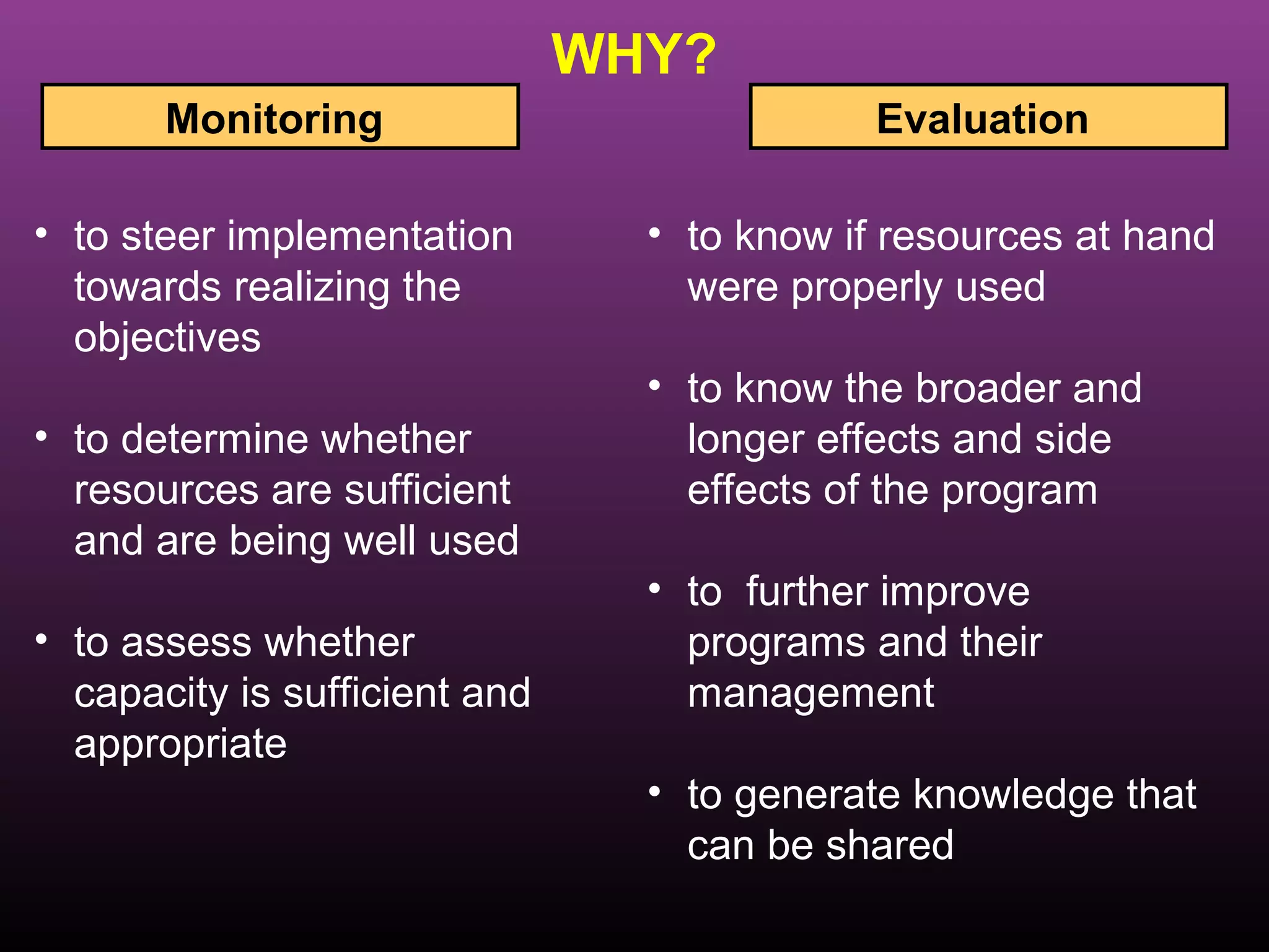 WHY?
       Monitoring                            Evaluation

• to steer implementation        • to know if resources at hand
  towards realizing the            were properly used
  objectives
                                 • to know the broader and
• to determine whether             longer effects and side
  resources are sufficient         effects of the program
  and are being well used
                                 • to further improve
• to assess whether                programs and their
  capacity is sufficient and       management
  appropriate
                                 • to generate knowledge that
                                   can be shared
 