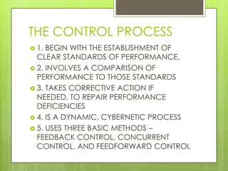 THE CONTROL PROCESS
 1.

BEGIN WITH THE ESTABLISHMENT OF
CLEAR STANDARDS OF PERFORMANCE.
 2. INVOLVES A COMPARISON OF
PERFORMANCE TO THOSE STANDARDS
 3. TAKES CORRECTIVE ACTION IF
NEEDED, TO REPAIR PERFORMANCE
DEFICIENCIES
 4. IS A DYNAMIC, CYBERNETIC PROCESS
 5. USES THREE BASIC METHODS –
FEEDBACK CONTROL, CONCURRENT
CONTROL, AND FEEDFORWARD CONTROL

 