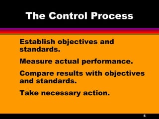 5
The Control Process
Establish objectives and
standards.
Measure actual performance.
Compare results with objectives
and standards.
Take necessary action.
 