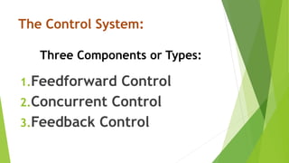 The Control System:
Three Components or Types:
1.Feedforward Control
2.Concurrent Control
3.Feedback Control
 