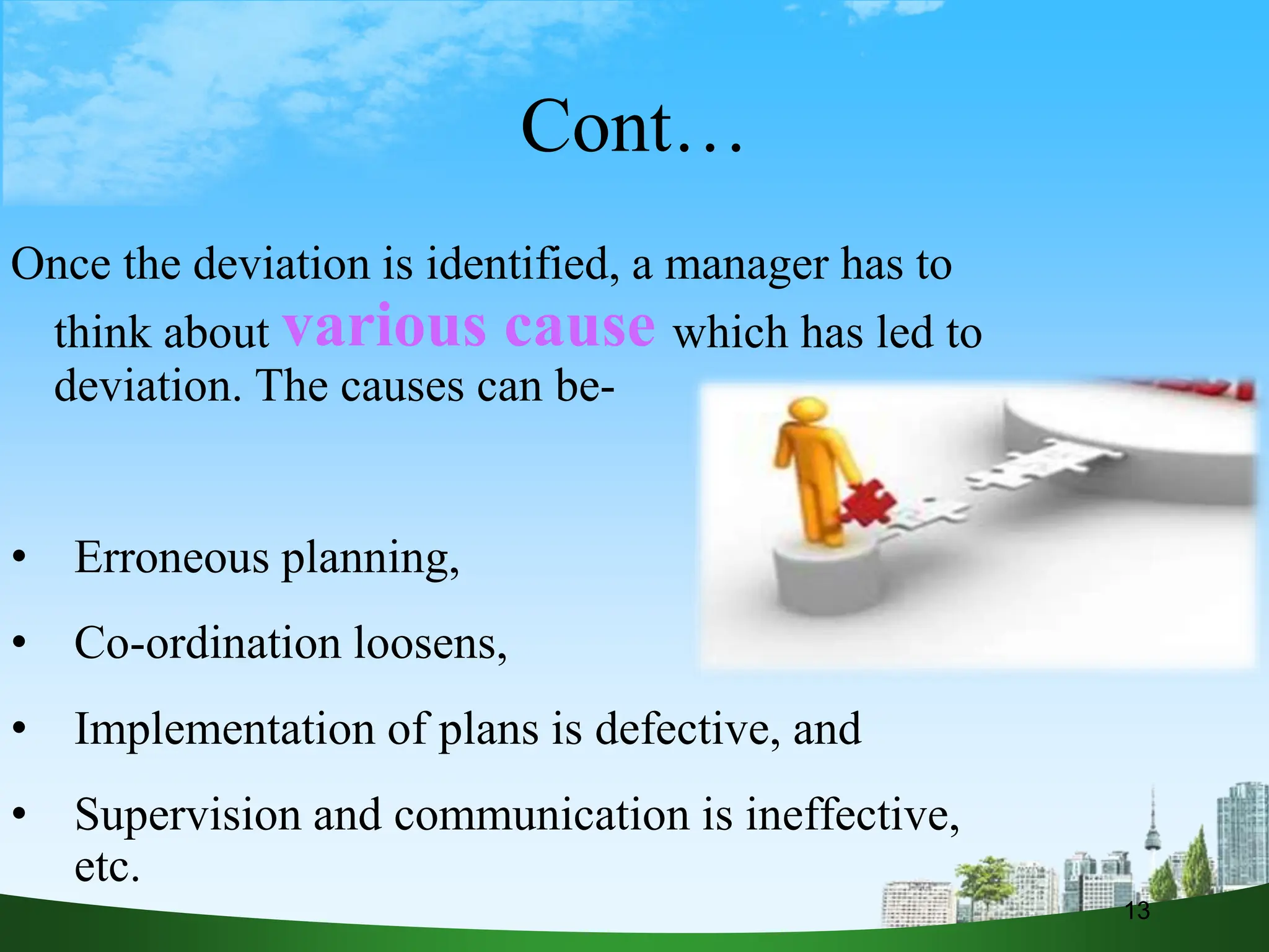 Cont…
Once the deviation is identified, a manager has to
think about various cause which has led to
deviation. The causes can be-
• Erroneous planning,
• Co-ordination loosens,
• Implementation of plans is defective, and
• Supervision and communication is ineffective,
etc.
13
 