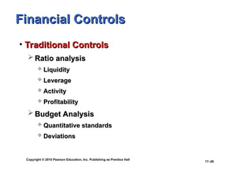 Copyright © 2010 Pearson Education, Inc. Publishing as Prentice Hall
17–26
Financial Controls
Financial Controls
• Traditional Controls
Traditional Controls
 Ratio analysis
Ratio analysis
 Liquidity
Liquidity
 Leverage
Leverage
 Activity
Activity
 Profitability
Profitability
 Budget Analysis
Budget Analysis
 Quantitative standards
Quantitative standards
 Deviations
Deviations
 