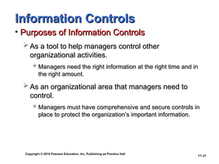 Copyright © 2010 Pearson Education, Inc. Publishing as Prentice Hall
17–31
Information Controls
Information Controls
• Purposes of Information Controls
Purposes of Information Controls
 As a tool to help managers control other
As a tool to help managers control other
organizational activities.
organizational activities.
 Managers need the right information at the right time and in
Managers need the right information at the right time and in
the right amount.
the right amount.
 As an organizational area that managers need to
As an organizational area that managers need to
control.
control.
 Managers must have comprehensive and secure controls in
Managers must have comprehensive and secure controls in
place to protect the organization’s important information.
place to protect the organization’s important information.
 
