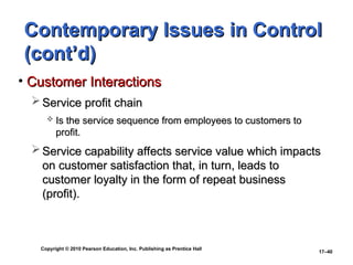 Copyright © 2010 Pearson Education, Inc. Publishing as Prentice Hall
17–40
Contemporary Issues in Control
Contemporary Issues in Control
(cont’d)
(cont’d)
• Customer Interactions
Customer Interactions
 Service profit chain
Service profit chain
 Is the service sequence from employees to customers to
Is the service sequence from employees to customers to
profit.
profit.
 Service capability affects service value which impacts
Service capability affects service value which impacts
on customer satisfaction that, in turn, leads to
on customer satisfaction that, in turn, leads to
customer loyalty in the form of repeat business
customer loyalty in the form of repeat business
(profit).
(profit).
 