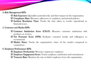 4. Risk Management KPIs
5. Customer and Market KPIs
6. Employee Performance KPIs
 Risk Exposure: Quantifies potential risks and their impact on the organization.
 Compliance Rate: Measures adherence to regulatory and internal policies.
 Incident Resolution Time: Tracks the time taken to resolve operational or
financial issues.
 Customer Satisfaction Score (CSAT): Measures customer satisfaction with
products or services.
 Net Promoter Score (NPS): Evaluates customer loyalty and willingness to
recommend.
 Market Share: Tracks the organization's share of the market compared to
competitors.
 Employee Productivity: Measures output per employee.
 Employee Engagement Score: Tracks employee satisfaction and commitment.
 Turnover Rate: Monitors the rate at which employees leave the organization.
 