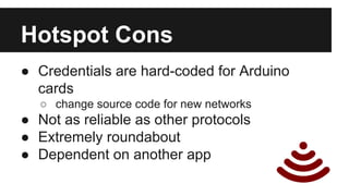 Hotspot Cons 
● Credentials are hard-coded for Arduino 
cards 
o change source code for new networks 
● Not as reliable as other protocols 
● Extremely roundabout 
● Dependent on another app 
 