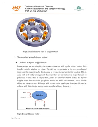 TechnischeUniversität Chemnitz
Chair of Measurement and Sensor Technology
Prof. Dr.-Ing. OlfaKanoun
14 | P a g e
Fig 6: Cross-sectional view of Stepper Motor
➢ There are two types of stepper motors :
▪ Unipolar &Bipolar Stepper motors
In our project, we are using Bipolar stepper motors and with bipolar stepper motors there
is only a single winding per phase. The driving circuit needs to be more complicated
to reverse the magnetic pole, this is done to reverse the current in the winding. This is
done with a H-bridge arrangement, however there are several driver chips that can be
purchased to make this a simpler task.Unlike the unipolar stepper motor, the bipolar
stepper motor has two leads per phase, neither of which are common. Static friction
effects do happen with a H-bridge with certain drive topologies, however this can be
reduced with dithering the stepper motor signal at a higher frequency.
Fig 7: Bipolar Stepper motor
 