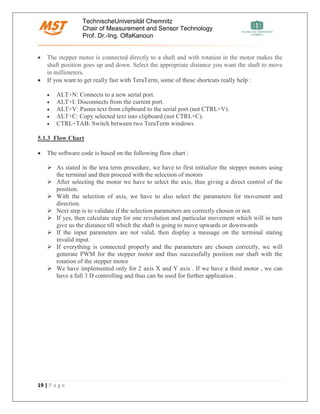 TechnischeUniversität Chemnitz
Chair of Measurement and Sensor Technology
Prof. Dr.-Ing. OlfaKanoun
19 | P a g e
• The stepper motor is connected directly to a shaft and with rotation in the motor makes the
shaft position goes up and down. Select the appropriate distance you want the shaft to move
in millimeters.
• If you want to get really fast with TeraTerm, some of these shortcuts really help :
• ALT+N: Connects to a new serial port.
• ALT+I: Disconnects from the current port.
• ALT+V: Pastes text from clipboard to the serial port (not CTRL+V).
• ALT+C: Copy selected text into clipboard (not CTRL+C).
• CTRL+TAB: Switch between two TeraTerm windows
5.1.3 Flow Chart
• The software code is based on the following flow chart :
➢ As stated in the tera term procedure, we have to first initialize the stepper motors using
the terminal and then proceed with the selection of motors
➢ After selecting the motor we have to select the axis, thus giving a direct control of the
position.
➢ With the selection of axis, we have to also select the parameters for movement and
direction.
➢ Next step is to validate if the selection parameters are correctly chosen or not.
➢ If yes, then calculate step for one revolution and particular movement which will in turn
give us the distance till which the shaft is going to move upwards or downwards
➢ If the input parameters are not valid, then display a message on the terminal stating
invalid input.
➢ If everything is connected properly and the parameters are chosen correctly, we will
generate PWM for the stepper motor and thus successfully position our shaft with the
rotation of the stepper motor
➢ We have implemented only for 2 axis X and Y axis . If we have a third motor , we can
have a full 3 D controlling and thus can be used for further application .
 