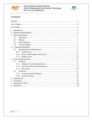 TechnischeUniversität Chemnitz
Chair of Measurement and Sensor Technology
Prof. Dr.-Ing. OlfaKanoun
2 | P a g e
Contents
Abstract ……………………………………………………………………………………… 3
List of figures………………………………………………………………………………… 4
List of tables ………………………………………………………………………………………………………………………………….. 5
1. Introduction……………………………………………………………………………… 6
2. Members Responsibility………………………………………………………………… 6
3. Project Description……………………………………………………………………… 7
3.1 Definition……………………………………………………………………….. 7
3.2 Details…………………………………………………………………………… 7
3.3 Block Diagram………………………………………………………………….. 7
3.4 Circuit Diagram…………………………………………………………………. 8
4. Components Required…………………………………………………………………... 9
4.1 Specification and Requirement…………………………………………………. 9
4.1.1 Arduino Uno………………………………………………………………… 9
4.1.2 Keyes A4988 stepper motor driver…………………………………………..11
4.1.3 Stepper motor ………………………………………………………………..13
5. Project Implementation…………………………………………………………………..15
5.1 Software …………………………………………………………………………15
5.1.1 Arduino Uno (Code Generation)……………………………………………. 15
5.1.2 Tera Term (Serial Communication )…………………………………………17
5.1.3 Flow chart…………………………………………………………………… 19
5.2 Hardware…………………………………………………………………………21
5.2.1 Actual connection Diagram…………………………………………………..21
5.2.2 Set Max Current……...………………………………………………………22
6. Applications………………………………………………………………………………23
7. Conclusion………………………………………………………………………………..24
8. Description of files………………………………………………………………………..24
9. References………………………………………………………………………………...25
 