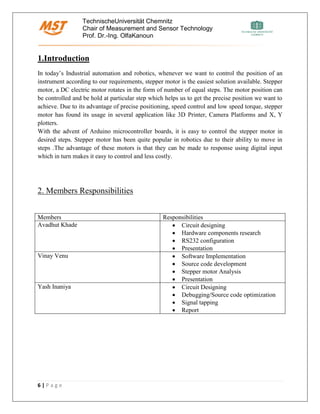 TechnischeUniversität Chemnitz
Chair of Measurement and Sensor Technology
Prof. Dr.-Ing. OlfaKanoun
6 | P a g e
1.Introduction
In today’s Industrial automation and robotics, whenever we want to control the position of an
instrument according to our requirements, stepper motor is the easiest solution available. Stepper
motor, a DC electric motor rotates in the form of number of equal steps. The motor position can
be controlled and be hold at particular step which helps us to get the precise position we want to
achieve. Due to its advantage of precise positioning, speed control and low speed torque, stepper
motor has found its usage in several application like 3D Printer, Camera Platforms and X, Y
plotters.
With the advent of Arduino microcontroller boards, it is easy to control the stepper motor in
desired steps. Stepper motor has been quite popular in robotics due to their ability to move in
steps .The advantage of these motors is that they can be made to response using digital input
which in turn makes it easy to control and less costly.
2. Members Responsibilities
Members Responsibilities
Avadhut Khade • Circuit designing
• Hardware components research
• RS232 configuration
• Presentation
Vinay Venu • Software Implementation
• Source code development
• Stepper motor Analysis
• Presentation
Yash Inaniya • Circuit Designing
• Debugging/Source code optimization
• Signal tapping
• Report
 