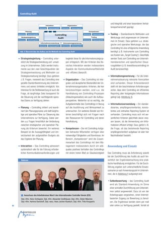 Controlling-Audit



                                                                                                                       und Integrität und einer besonderen Verhal-
                                                                                                                       tenspartnerschaft geprägt.

                                                                                                                    ° Tooling – Standardisierte Methoden und
                                                                                                                       Werkzeuge sind angemessen im Unterneh-
                                                                                                                       men im Einsatz. Dazu gehören u.a. strate-
                                                                                                                       gische und operative Werkzeuge, die das
                                                                                                                       Controlling für eine erfolgreiche Anwendung
       Abb. 2: Übersicht über den Aufbau und die Methodik des Controlling-Audit                                        benötigt (z. B. Instrumente zum Controlling
                                                                                                                       von Kosten wie „Target Costing“). Gleichfalls
     ° Strategiebegleitung – Controlling unter-                    begleitet diese für alle Informationszielgrup-      werden Tools zum Controlling von Unterneh-
       stützt die Strategieentwicklung und -umset-                 pen erfolgreich. Mit den Kriterien des Be-          mensbereichen und spezifischen Steue-
       zung im Unternehmen. Dafür werden Instru-                   reiches Interaktion werden insbesondere             rungsfeldern (z. B. Investitionscontrolling) im
       mente aus den zwei Gesichtspunkten der                      Aspekte der Kommunikationseffektivität              Audit berücksichtigt.
       Strategieentwicklung und Methoden zur                       und -effizienz überprüft.
       Strategieumsetzung benötigt. Dazu gehören                                                                    ° Informationsgenerierung – Für die Unter-
       z. B. Fragen, inwieweit das Controlling eine            ° Organisation – Das Controlling ist inte-              nehmenssteuerung relevante Kennzahlen
       gezielte Standortbestimmung des Unterneh-                   graler und akzeptierter Bestandteil der Un-         sind vorhanden. Dieser Kriterienbereich
       mens und seines Umfeldes ermöglicht. Von                    ternehmensorganisation. Kriterien, die hier         stellt mit den beschriebenen Anforderungen
       Interesse für die Reifebewertung ist auch die               berücksichtigen werden, sind u.a. die               sicher, dass dem Controlling ein effizientes
       Frage, ob langfristige Ziele transparent für                Handhabung von Controlling-Prozessen                Reporting aller festgelegten Informationen
       die Steuerung und die nachfolgende opera-                   (Ablauforganisation) wie auch die Aufbau-           gelingt (vgl. Abbildung 3).
       tive Ebene zur Verfügung stehen.                            perspektive. Weiterhin ist es wichtig, die
                                                                   Aufgabeninhalte des Controllings in Bezug        ° Informationsverwendung – Ein standar-
     ° Planung – Controlling initiiert und koordi-                 auf die Ausführung und Wirksamkeit zu               disiertes, empfängerorientiertes, konsis-
       niert den Planungsprozess und stellt langfris-              untersuchen. Ein weiteres Bündel von Kri-           tentes und zeitnahes Reporting-System ist
       tige und operative Pläne zur Steuerung des                  terien beschäftigt sich mit Fragen nach             vorhanden. Controlling muss sich mit we-
       Unternehmens zur Verfügung. Dabei wer-                      den Ressourcen für Controlling und deren            sentlichen Kriterien gleichfalls daran mes-
       den u.a. Fragen hinsichtlich der Verbindung                 Handhabung.                                         sen lassen, ob die Verwendung von Infor-
       zwischen strategischer und operativer Pla-                                                                      mationen effizient erfolgt. Dazu gehört z. B.
       nung als Kriterium bewertet. Ein weiteres               ° Kompetenzen – Die mit Controlling-Aufga-              die Frage, ob das bestehende Reporting
       Beispiel ist die Aussagefähigkeit und Um-                   ben betrauten Mitarbeiter verfügen über             empfängerorientiert aufgebaut ist oder hier
       setzbarkeit der aufgestellten Budgets als                   notwendige Fähigkeiten und Kenntnisse. Im           Nachholbedarf besteht.
       das Ergebnis der Planung.                                   Bereich „Kompetenzen“ wird die Zusam-
                                                                   menarbeit des Controllings mit dem Ma-
     ° Interaktion – Das Controlling adressiert                    nagement insbesondere durch ein adä-             Anwendung und Einsatz
       systematisch alle für die Führung erforder-                 quates positives Verhalten des Controllings
       lichen Kommunikationsanforderungen und                      mit einem hohen Maß an Glaubwürdigkeit           Das Controlling muss als Anforderung sowohl
                                                                                                                    bei der Durchführung des Audits als auch hin-
        Autoren                                                                                                     sichtlich der Ergebnisbetrachtung eine prak-
                                                                                                                    tische Handhabung ermöglichen. Für die Durch-
                                                                                                                    führung ergeben sich unterschiedliche Einsatz-
                                                                                                                    szenarien je nach Anwendungsziel im Unterneh-
                                                                                                                    men, die in Abbildung 4 aufgezeigt sind:

                                                                                                                    • Selbstbewertung – das Controlling Audit
                                                                                                                      wird als Standard-Anwendung im Sinne
                                                                                                                      einer schnellen Durchführung vom Unterneh-
                                                                                                                      men selbst angewendet. Dazu ist von der
            Ausschuss des Arbeitskreises West I des Internationalen Controller Verein (ICV)                           Arbeitsgruppe vorgesehen, einen Internet-
        Dipl.-Kfm. Heinz Schlagner, Dipl.-Kfm. Alexander Großhäuser, Dipl.-Kfm. Dieter Wäscher,                       basierten Zugang zur Bewertung zu benut-
        Dipl.-Kfm. Hartmut Ibershoff, Dipl.-oecc. Hans Jochen Kluetsch, Dipl.-Kfm. Thilo Knuppertz                    zen. Die Ergebnisse werden dann per mail
80                                                                                                                    oder online zur Verfügung gestellt. Vorteil ist
 