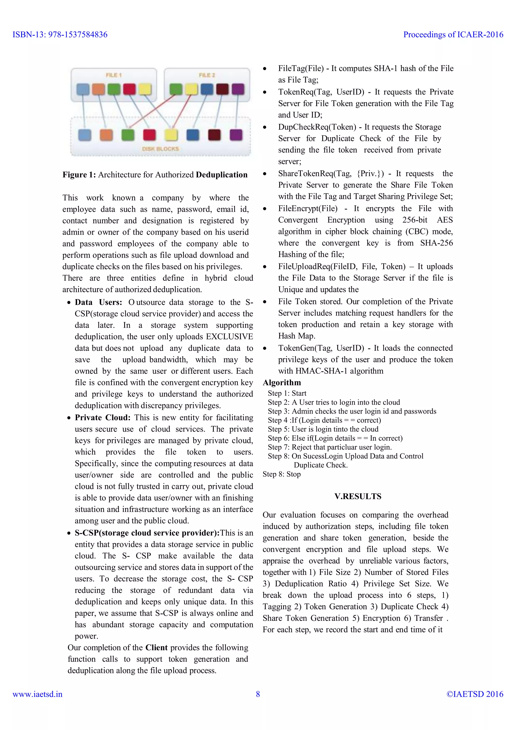 Figure 1: Architecture for Authorized Deduplication
This work known a company by where the
employee data such as name, password, email id,
contact number and designation is registered by
admin or owner of the company based on his userid
and password employees of the company able to
perform operations such as file upload download and
duplicate checks on the files based on his privileges.
There are three entities define in hybrid cloud
architecture of authorized deduplication.
 Data Users: O utsource data storage to the S-
CSP(storage cloud service provider) and access the
data later. In a storage system supporting
deduplication, the user only uploads EXCLUSIVE
data but does not upload any duplicate data to
save the upload bandwidth, which may be
owned by the same user or different users. Each
file is confined with the convergent encryption key
and privilege keys to understand the authorized
deduplication with discrepancy privileges.
 Private Cloud: This is new entity for facilitating
users secure use of cloud services. The private
keys for privileges are managed by private cloud,
which provides the file token to users.
Specifically, since the computing resources at data
user/owner side are controlled and the public
cloud is not fully trusted in carry out, private cloud
is able to provide data user/owner with an finishing
situation and infrastructure working as an interface
among user and the public cloud.
 S-CSP(storage cloud service provider):This is an
entity that provides a data storage service in public
cloud. The S- CSP make available the data
outsourcing service and stores data in support of the
users. To decrease the storage cost, the S- CSP
reducing the storage of redundant data via
deduplication and keeps only unique data. In this
paper, we assume that S-CSP is always online and
has abundant storage capacity and computation
power.
Our completion of the Client provides the following
function calls to support token generation and
deduplication along the file upload process.
 FileTag(File) - It computes SHA-1 hash of the File
as File Tag;
 TokenReq(Tag, UserID) - It requests the Private
Server for File Token generation with the File Tag
and User ID;
 DupCheckReq(Token) - It requests the Storage
Server for Duplicate Check of the File by
sending the file token received from private
server;
 ShareTokenReq(Tag, {Priv.}) - It requests the
Private Server to generate the Share File Token
with the File Tag and Target Sharing Privilege Set;
 FileEncrypt(File) - It encrypts the File with
Convergent Encryption using 256-bit AES
algorithm in cipher block chaining (CBC) mode,
where the convergent key is from SHA-256
Hashing of the file;
 FileUploadReq(FileID, File, Token) – It uploads
the File Data to the Storage Server if the file is
Unique and updates the
 File Token stored. Our completion of the Private
Server includes matching request handlers for the
token production and retain a key storage with
Hash Map.
 TokenGen(Tag, UserID) - It loads the connected
privilege keys of the user and produce the token
with HMAC-SHA-1 algorithm
Algorithm
Step 1: Start
Step 2: A User tries to login into the cloud
Step 3: Admin checks the user login id and passwords
Step 4 :If (Login details = = correct)
Step 5: User is login tinto the cloud
Step 6: Else if(Login details = = In correct)
Step 7: Reject that particluar user login.
Step 8: On SucessLogin Upload Data and Control
Duplicate Check.
Step 8: Stop
V.RESULTS
Our evaluation focuses on comparing the overhead
induced by authorization steps, including file token
generation and share token generation, beside the
convergent encryption and file upload steps. We
appraise the overhead by unreliable various factors,
together with 1) File Size 2) Number of Stored Files
3) Deduplication Ratio 4) Privilege Set Size. We
break down the upload process into 6 steps, 1)
Tagging 2) Token Generation 3) Duplicate Check 4)
Share Token Generation 5) Encryption 6) Transfer .
For each step, we record the start and end time of it
ISBN-13: 978-1537584836
www.iaetsd.in
Proceedings of ICAER-2016
©IAETSD 20168
 