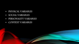 • PHYSICAL VARIABLES
• SOCIAL VARIABLES
• PERSONALITY VARIABLES
• CONTEXT VARIABLES
 