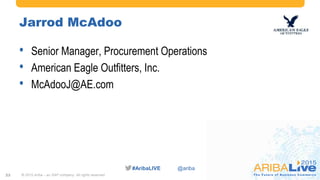 #AribaLIVE @ariba
Jarrod McAdoo
• Senior Manager, Procurement Operations
• American Eagle Outfitters, Inc.
• McAdooJ@AE.com
© 2015 Ariba – an SAP company. All rights reserved.23
 
