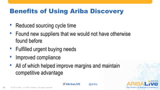 #AribaLIVE @ariba
Benefits of Using Ariba Discovery
• Reduced sourcing cycle time
• Found new suppliers that we would not have otherwise
found before
• Fulfilled urgent buying needs
• Improved compliance
• All of which helped improve margins and maintain
competitive advantage
© 2015 Ariba – an SAP company. All rights reserved.34
 