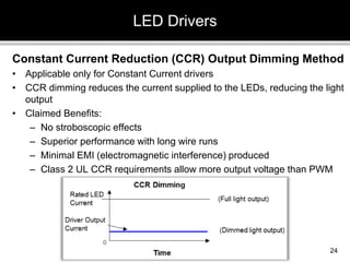 Constant Current Reduction (CCR) Output Dimming Method
• Applicable only for Constant Current drivers
• CCR dimming reduces the current supplied to the LEDs, reducing the light
output
• Claimed Benefits:
– No stroboscopic effects
– Superior performance with long wire runs
– Minimal EMI (electromagnetic interference) produced
– Class 2 UL CCR requirements allow more output voltage than PWM
LED Drivers
24
 